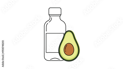 Simple outline illustration of a plain bottle alongside a fresh half-cut avocado with its pit, featuring subtle color accents for a healthy food concept.