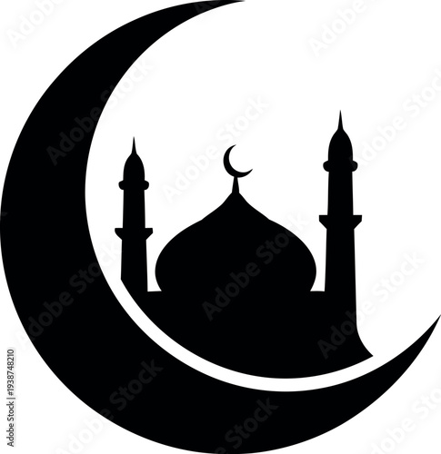 Silhouette of a majestic mosque with minarets and crescent moon symbolizing Islamic faith and culture in a serene nighttime illustration