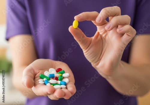 A person holding various colorful pills in one hand and a single yellow pill in the other