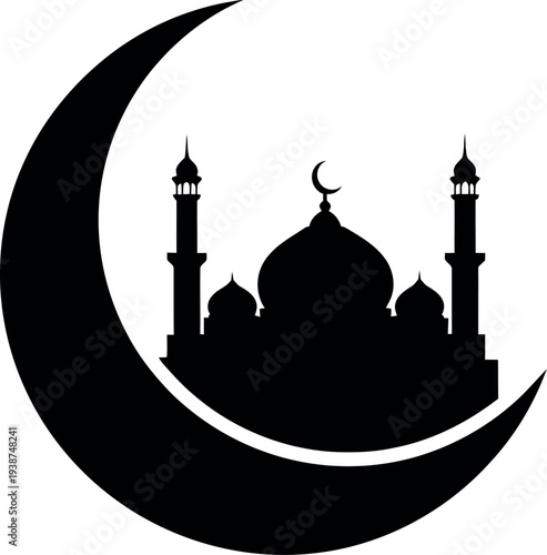 Silhouette of a majestic mosque with minarets and domes within a crescent moon, symbolizing Islamic faith and spirituality, illustrated in a vector graphic design