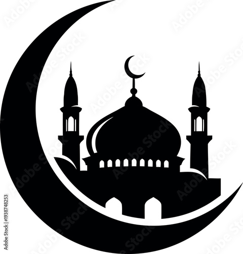Silhouette of a majestic mosque with crescent moon and minarets within a crescent shape, symbolizing faith and spirituality in a serene vector illustration