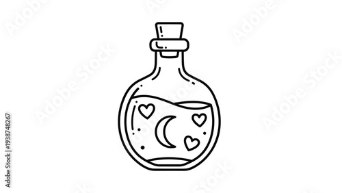 Mystical line art illustration of an old-fashioned potion bottle containing a crescent moon and floating hearts, evoking magic and romance.
