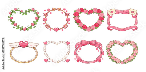 Heart and floral frames with pearls and ribbons on gradient