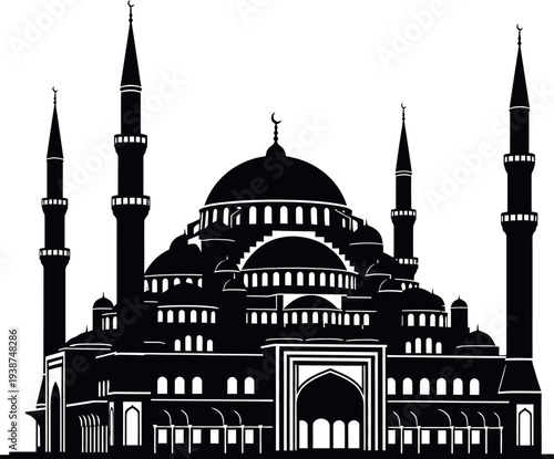 Vector illustration of a majestic mosque with intricate architecture and minarets from a frontal viewpoint