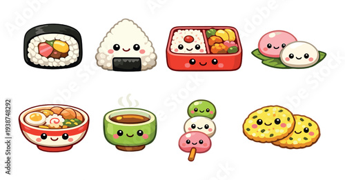Assorted japanese food icons displayed on dark gradient background