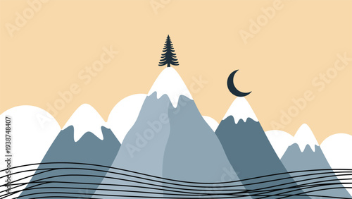 Serene flat design landscape illustration depicting snow-capped mountains under a soft sky, featuring a solitary pine tree atop a peak and a crescent moon.