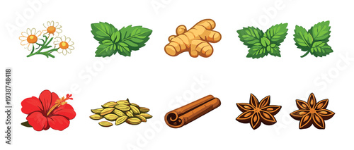 Herbs and spices icons arranged on brown gradient background