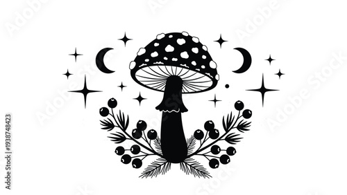 Enchanting silhouette illustration of a whimsical mushroom, adorned with a polka-dot cap and surrounded by mystical crescent moons, stars, and forest berries.