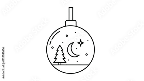 Charming line art illustration of a festive round Christmas ornament, intricately designed with a winter tree, a crescent moon, and a star inside.
