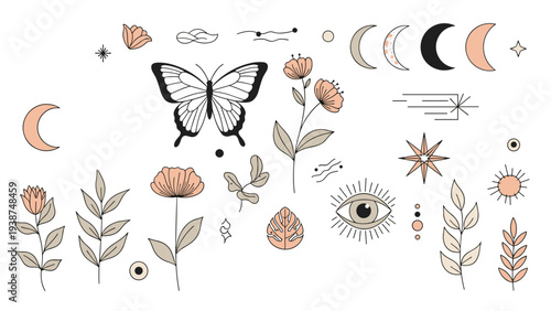 Beautiful collection of aesthetic celestial and botanical elements, featuring butterflies, moon phases, flowers, stars, and an all-seeing eye, in a soft color palette.