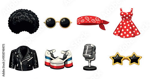 Retro music costume icons arranged in grid on dark background