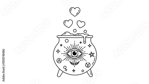 Enchanting line art illustration of a mystical witch's cauldron, bubbling with magic, an all-seeing eye, and hearts floating upwards, symbolizing love spells.