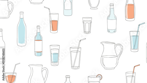 Dynamic seamless pattern featuring an array of refreshing water bottles, glasses with straws, and pitchers, presented in a clean, outlined style.