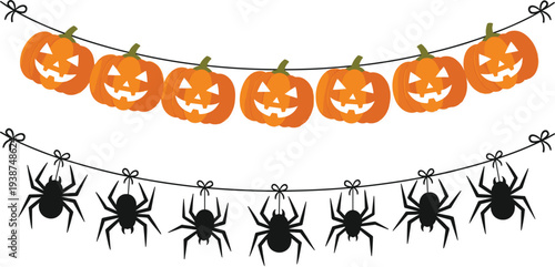 Halloween Pumpkin and Spider Garland Decoration Set with Jack O Lantern Bunting for Spooky Party Banner Autumn Festival and Holiday Design