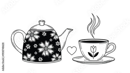 Elegant line art illustration featuring a beautifully patterned teapot and a steaming teacup with a floral design, accompanied by a small heart, symbolizing comfort.
