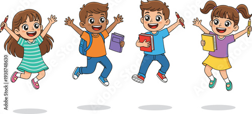 Happy school children jumping with books and pencils cute cartoon students celebrating education learning friendship cheerful kids illustration