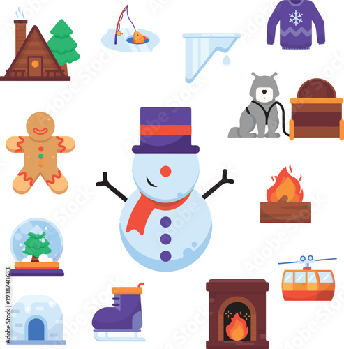 Cute Flat Winter Season Icon Set, Set of Cute Flat Winter Season and Activity Icons Vector Illustration, Colorful Cozy Holiday and Snowy Weather Elements