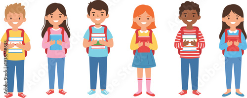 Diverse elementary school children standing with backpacks and books smiling isolated vector illustration representing education friendship multicultural classroom learning concept