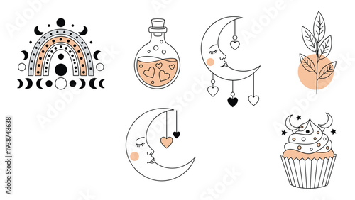 Delightful set of whimsical pastel mystical and celestial elements, including a rainbow, potion bottle, sleeping moons, and a cupcake, perfect for magical themes.