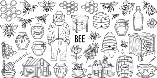 Hand Drawn Beekeeping and Honey Production Vector Illustration Set with Bees, Beekeeper, Hive, Honeycomb, Jars, and Apiary Elements