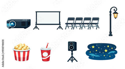 Projector and screen with seating for outdoor night screening