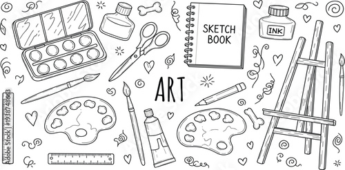 Hand Drawn Art Supplies Doodle Set with Sketchbook Paint Palette Brushes Easel Ink Bottle Scissors and Creative Artist Tools Illustration Collection