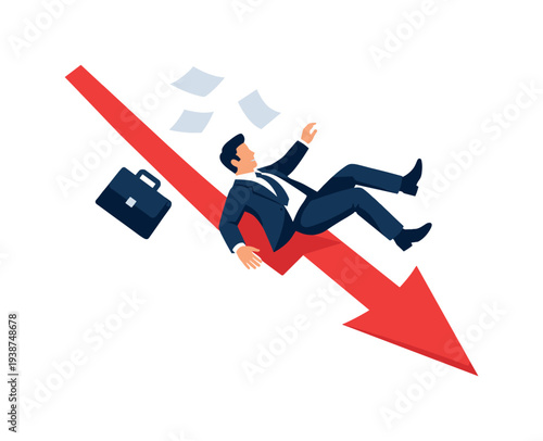 Businessman falling down a red arrow representing financial decline