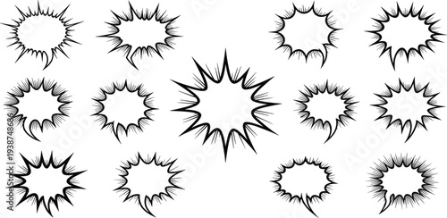 Hand Drawn Comic Explosion Burst Shapes Set with Speech Bubble Effects, Pop Art Boom Frames, and Dynamic Impact Elements for Cartoon Design