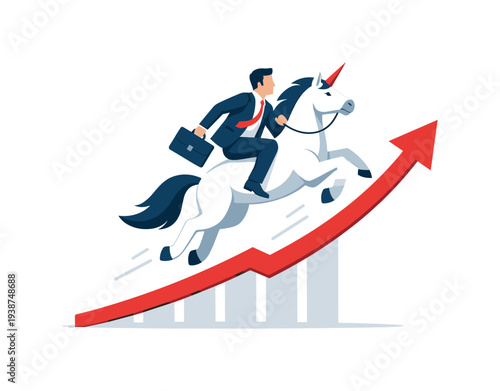 Businessman riding a unicorn up a red arrow graph symbolizing success