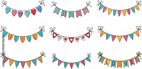 Hand Drawn Colorful Bunting Banner Set with Heart Shapes and Love Letters for Wedding Invitations, Birthday Decorations, Nursery Art, and Romantic Event Graphics