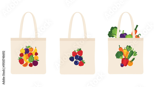 Environmentally friendly set of three canvas tote bags, each featuring charming illustrations of colorful fruits, berries, and fresh vegetables, promoting healthy shopping.