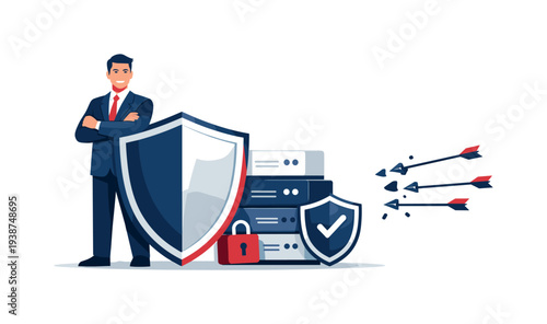Business man with shield and servers protecting against cyber attack arrows