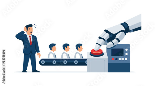 Robot arm pressing button on assembly line with surprised businessman watching