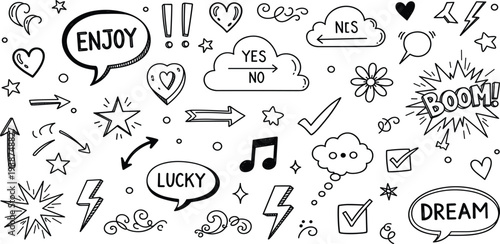 Hand Drawn Doodle Speech Bubble Icon Set with Enjoy, Dream, Lucky, Boom Text, Arrows, Stars, Lightning and Cute Sketch Elements