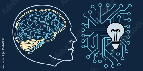 Modern artificial intelligence illustration featuring human brain and digital circuit connections. Ideal for AI technology, machine learning, innovation, data science, and futuristic tech concepts.