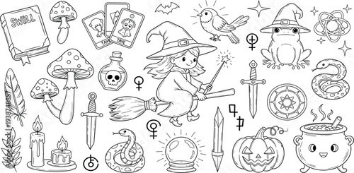 Hand Drawn Halloween Witch and Magic Elements Collection with Cauldron Pumpkin Spells and Mystic Symbols for Coloring Pages and Vector Illustration