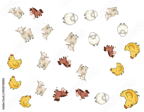 Farm animals gathered together in a lively illustration, showcasing various livestock in a playful scene