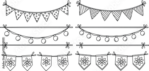 Hand Drawn Party Bunting and String Lights Garland Set with Decorative Flags and Festive Hanging Elements Vector Illustration