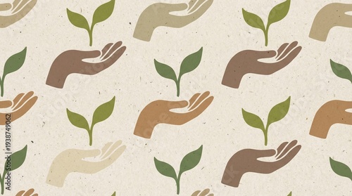 Diverse Hands Nurturing Green Sprouts in a Seamless Pattern, a Conceptual Vision of Collective Stewardship, Sustainable Development, and the Future of Our Planet's Ecosystems