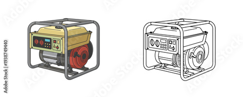 Portable gasoline power generator illustration in color and linear outline style with black metal frame representing electrical energy supply equipment isolated on white background