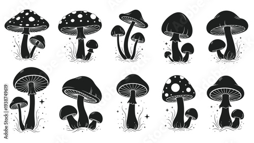 Diverse collection of black and white silhouette mushroom illustrations, depicting various shapes and sizes, some with intricate details and sparkling elements.