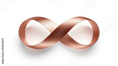 Rose gold metallic ribbon forming an infinity symbol on white background with subtle shadow