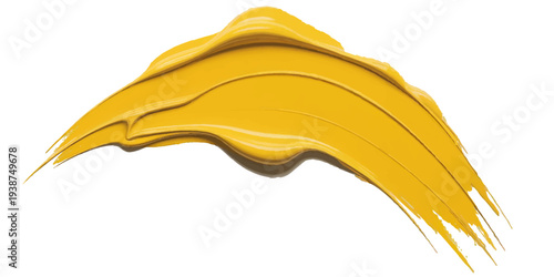 Yellow Paint Brush Stroke On White Background With Thick Textured Acrylic Swoosh.