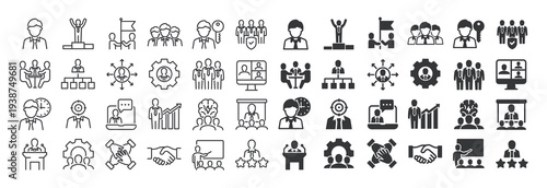 Business management thin line and solid icon set. Multi series icon collection. Web minimal icons
