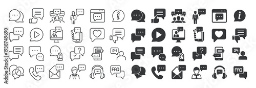 Chat and speech bubble thin line and solid icon set. Multi series icon collection. Web minimal icons