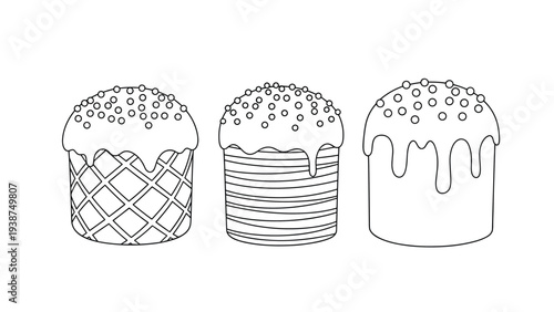 Festive line art illustrations of three traditional Easter cakes, each decorated with unique patterns, sweet icing, and colorful sprinkles, perfect for holiday celebrations.