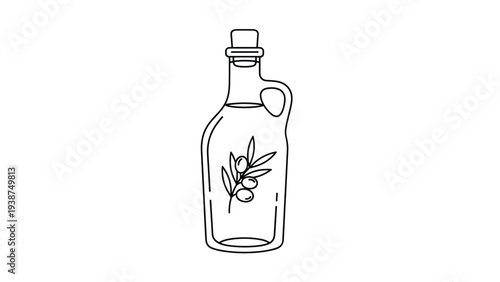 Minimalist line art illustration of an elegant glass bottle containing olive oil, adorned with a simple olive branch motif, ideal for culinary themes.