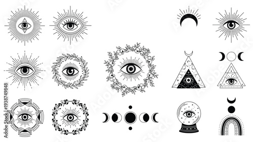 Extensive collection of intricate line art illustrations featuring celestial and mystical eye symbols, adorned with stars, moons, and floral wreaths, for spiritual themes.