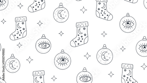 Charming line art seamless pattern featuring festive Christmas socks and round ornaments, intricately decorated with celestial moons, stars, and all-seeing eyes.