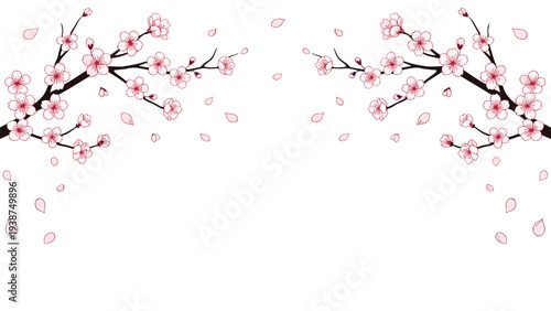 Elegant composition featuring delicate cherry blossom branches with pink flowers and falling petals, gracefully adorning the top and bottom corners of the frame.